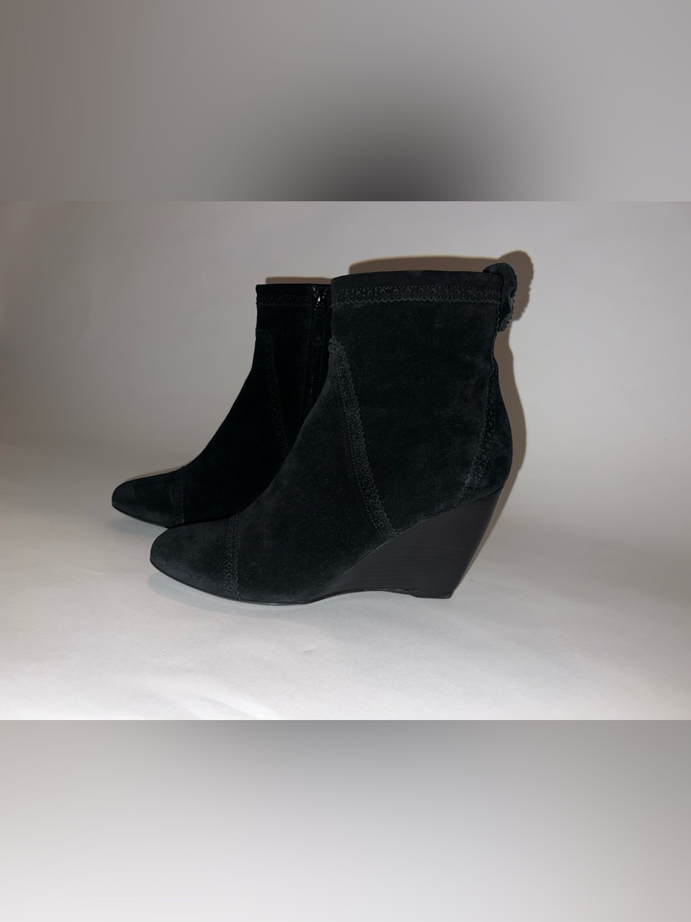 Balenciaga Moto-style Black Suede Wedge Ankle Boot. Snug fit.
